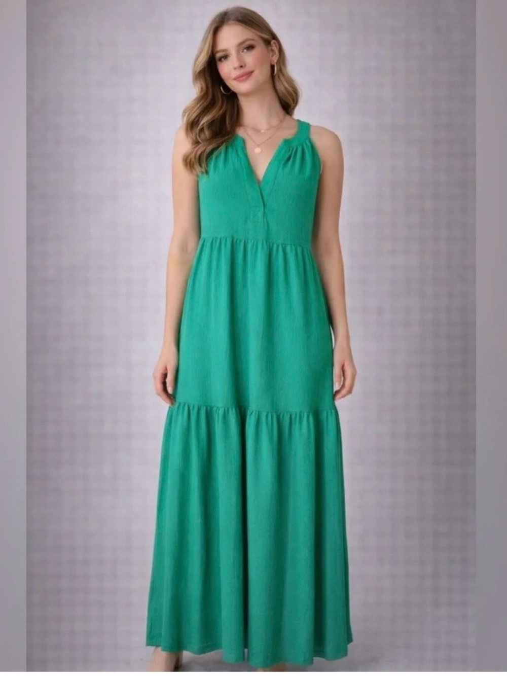 Calvin Klein Emerald Green Tiered Maxi Dress - Sleeveless V-Neck